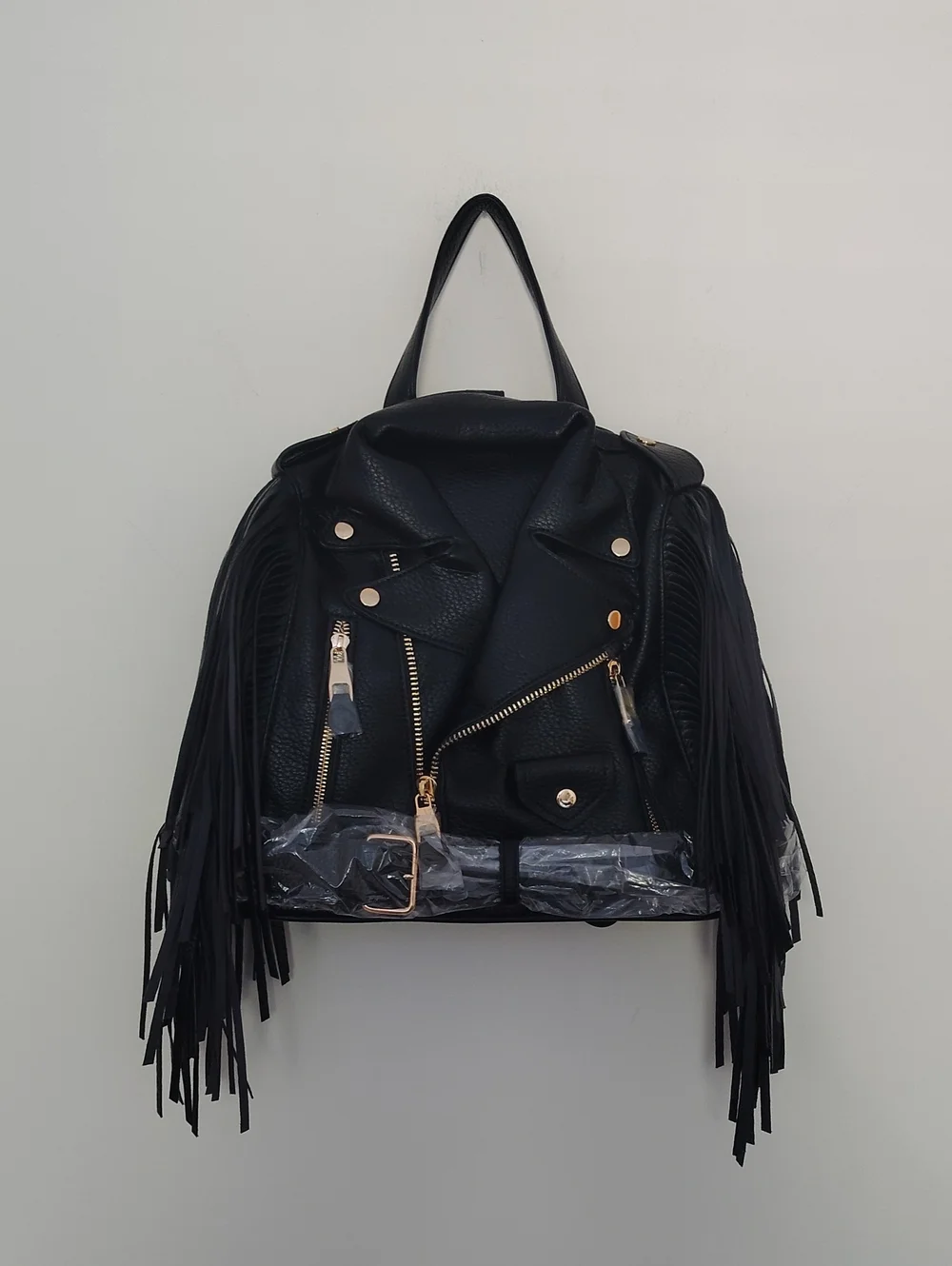 Black Vegan Leather Fringe Motorcycle-Style Backpack - Women's Bag